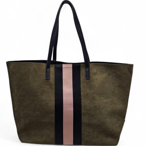 Neiman Marcus Olive Green Faux Suede Pink Black Stripes L Large Tote Bag Preppy - Picture 1 of 7